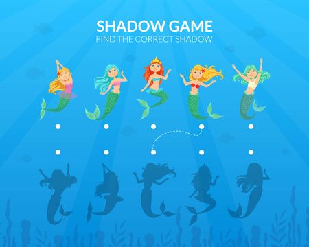 Cute Little Fairytale Mermaids, Find the Correct Shadow Educational Game for Kids Vector Illustrationのイラスト素材