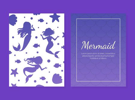 Mermaid Card Template with Silhouettes of Mermaids, Aquatic Nature Elements and Space for Text, Under the Sea Theme Greeting, Invitation Card, Flyer Vector Illustrationのイラスト素材