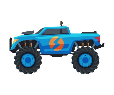 Monster Truck Vehicle, Blue Pickup with Large Tires, Heavy Professional Transport Vector Illustrationのイラスト素材