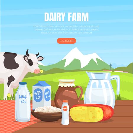 Dairy Farm Landing Page Templte, Fresh Healthy Eco Agricultural Products Website, Homepage, Mobile App Vector Illustrationのイラスト素材