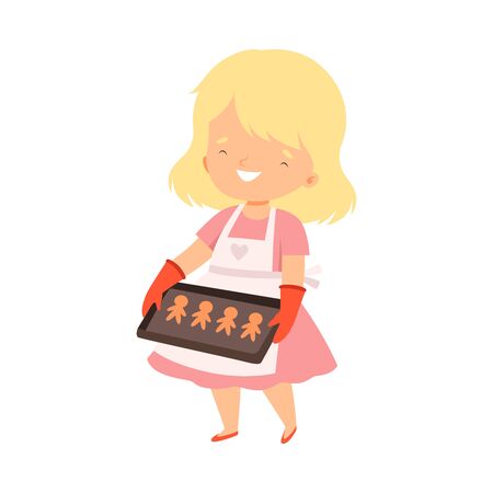 Lovely Girl Holding Baking Tray with Homemade Cookies, Kids Hobby or Creative Activity Cartoon Vector Illustrationのイラスト素材