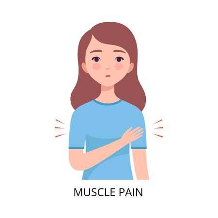 Muscle Pain, Girl Suffering from Symptom of Viral Infection, Influenza or Respiratory Illness, Healthcare and Medicine Information about Flu and Virus Prevention Vector Illustrationのイラスト素材