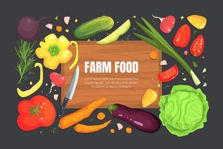 Farm Food Banner Template, Healthy Natural Food, Organic Shop, Farm Market, Restaurant, Cafe Design Element Vector Illustrationのイラスト素材