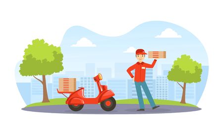 Pizza Express Delivery Service, Male Courier in Uniform Delivering Food with Motor Bike Flat Vector Illustration.のイラスト素材