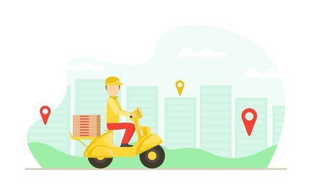 Pizza Express Delivery Service, Male Courier in Uniform Delivering Food with Yellow Motor Bike Flat Vector Illustrationのイラスト素材