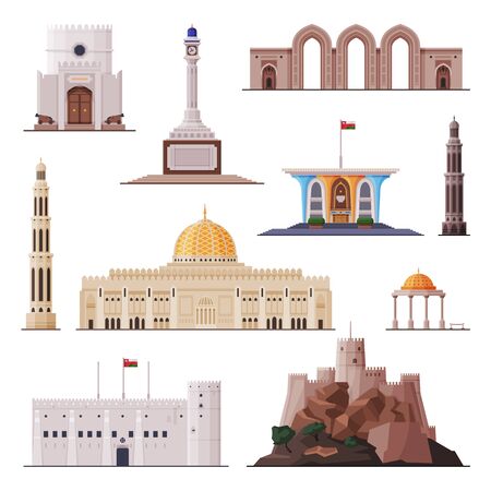 Travel to Oman, Muscat City Architecture, Famous Landmarks Collection Flat Vector Illustrationのイラスト素材