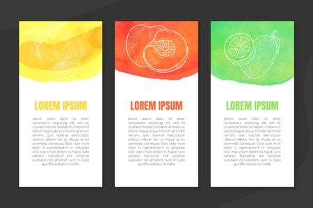 Natural Fresh Juice Banner Template Set with Space for Text, Watercolor Vertical Hand Drawn Vector Illustrationのイラスト素材