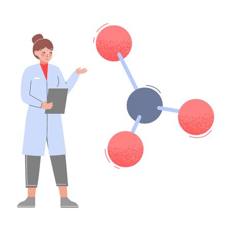 Scientist in Lab, Woman in White Coat Analyzing Molecular Structure Flat Style Vector Illustrationのイラスト素材
