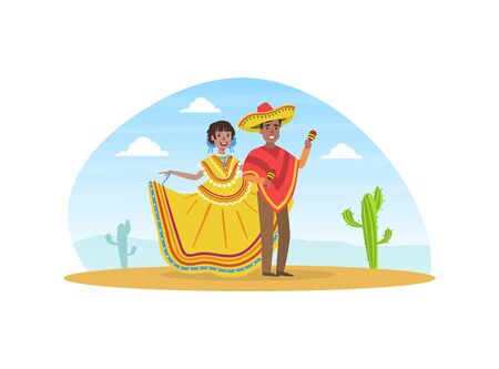 Mexican Couple Wearing National Traditional Clothes Standing on Desert Landscape Vector Illustrationのイラスト素材