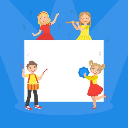 Cute Children Playing Musical Instruments on the Background of White Blank Banner Vector Illustrationのイラスト素材