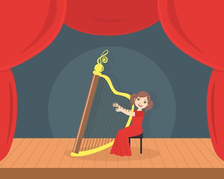 Cute Girl in Red Dress Playing Harp on Stage, Talented Kid Performing at Concert or Music Festival Vector Illustrationのイラスト素材