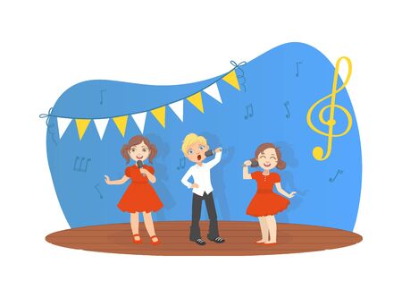 Cute Girls and Boy Singing on Stage, Talented Young Musicians Performing at Party, Concert or Music Festival Vector Illustrationのイラスト素材