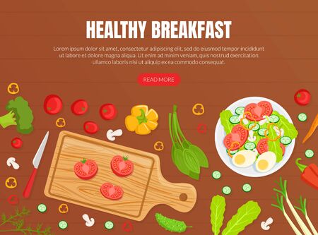 Healthy Breakfast Landing Page Template, Top View of Salad with Vegetables on Wooden Surface Web Page, Homepage Vector Illustrationのイラスト素材