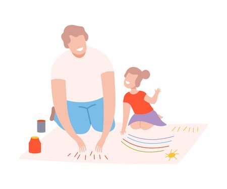 Father and His Daughter Sitting on the Floor and Painting with their Hands, Parent and Kid Spending Time Together at Home Flat Style Vector Illustration Isolated on White Background.のイラスト素材