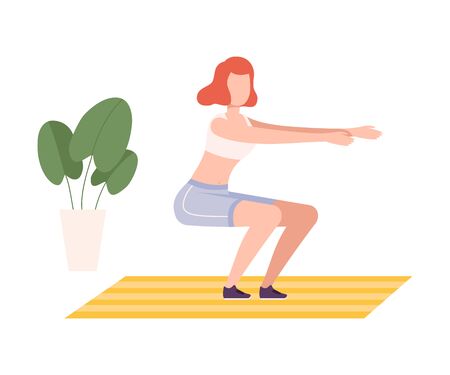 Young Woman in Sportswear Squatting, Girl Doing Sports in Fitness Club, Gym or Home, Active Healthy Lifestyle Flat Style Vector Illustration Isolated on White Background.のイラスト素材