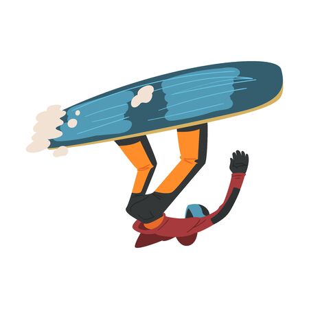 Young Man Jumping with Snowboard, Extreme Hobby or Sport Cartoon Style Vector Illustration Isolated on White Background.のイラスト素材