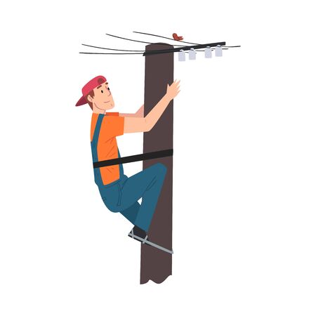 Male Electrician Engineer Working on Electric Power Pole, Electricity Maintenance Service Worker Character Cartoon Style Vector Illustration Isolated on White Background.のイラスト素材