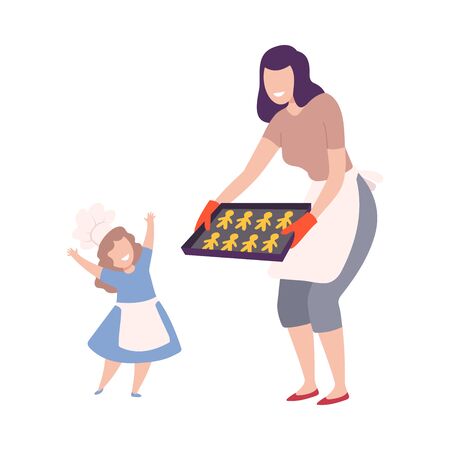 Mother And Child Making Cookies Together, Mom Holding Baking Tray with Homemade Pastries, Parent and Kid Having Good Time at Home Flat Style Vector Illustration Isolated on White Background.のイラスト素材