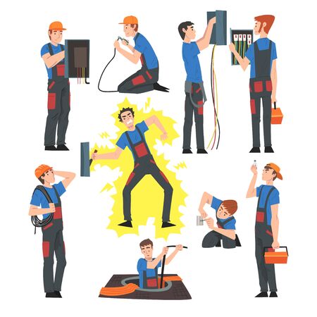 Male Electrical Engineers Repairing and Operating Electrical Equipment, Electricity Maintenance Service Workers Characters in Uniform and Cap Cartoon Style Vector Illustration Isolated on White Background.のイラスト素材