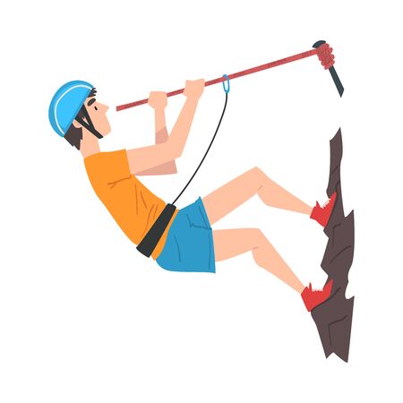 Climber in Protective Helmet Climbing Mountain with Rope, Extreme Hobby or Sport Cartoon Style Vector Illustrationのイラスト素材