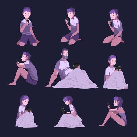 People Using Digital Gadgets at Night Collection, Male and Female Persons Playing Online Video Game or Chatting on Social Networks Vector Illustrationのイラスト素材