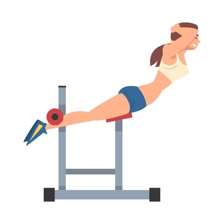 Woman Training on Abdominal Crunch Bench Vector Illustrationのイラスト素材