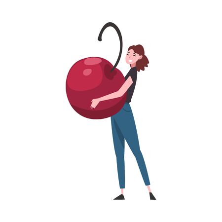 Girl Carrying Big Ripe Ripe Cherry, Female Farmer Character with Natural Organic Berry Vector Illustrationのイラスト素材