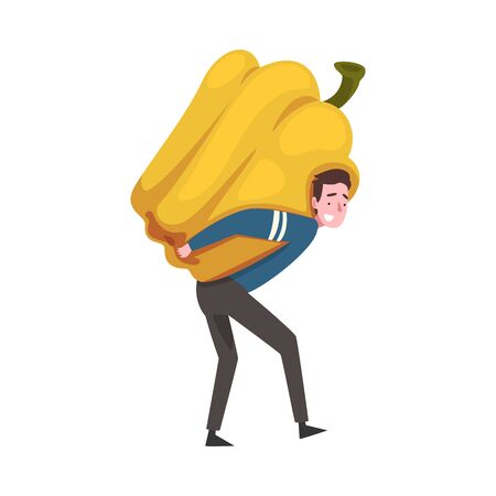 Young Man Carrying Big Pepper, Male Farmer Character with Natural Organic Vegetable Vector Illustration on White Background.のイラスト素材