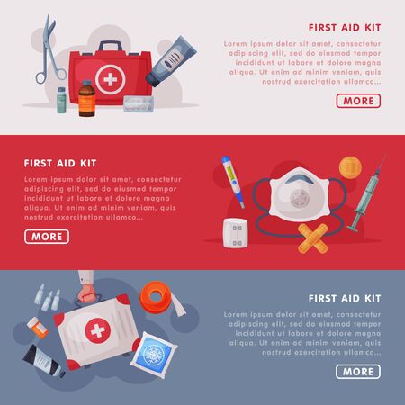 First Aid Kit Landing Page Templates Set, Medical Equipment and Medications, Emergency Service Tools Web Page, Mobile App, Homepage Vector Illustrationのイラスト素材