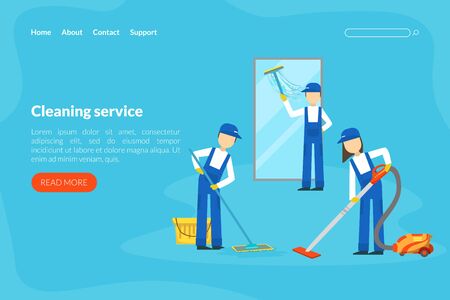 Cleaning Service Landing Page Template, Professional Workers in Uniform Cleaning Window and Mopping Floor Flat Style  Illustrationのイラスト素材