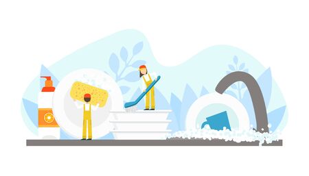 Tiny Professional Workers in Uniform Washing The Dishes in Kitchen, Cleaning Company Staff at Work Flat Style Illustration.のイラスト素材