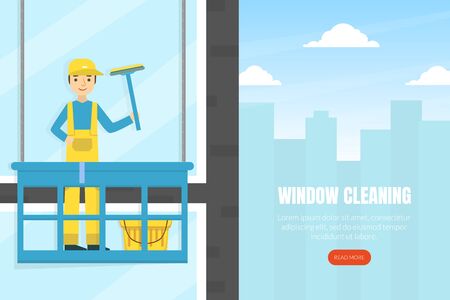 Cleaning Windows Landing Page Template, Professional Worker in Uniform Cleaning and Rubing Facade Windows Of Building, Cleaning Service Company Homepage, Website Flat Style  Illustration.のイラスト素材