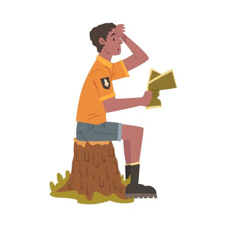 Man Forest Ranger Sitting on Stump with Map, National Park Service Employee Character in Uniform Cartoon Style Vector Illustrationのイラスト素材