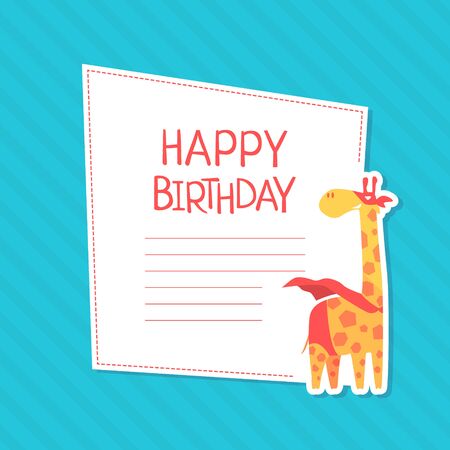Happy Birthday Invitation Card Template with Cute Giraffe Superhero Animal Cartoon Vector Illustrationのイラスト素材