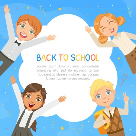 Back to School Banner Template with Cute Elementary School Students in Uniform and Space for Text Cartoon Vector Illustrationのイラスト素材