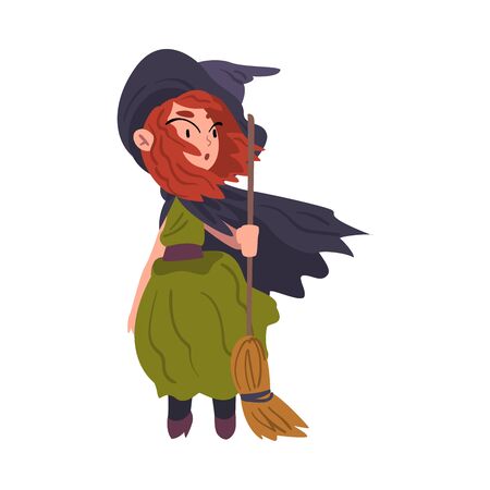 Red Haired Girl Witch Standing with Broom Wearing Green Dress and Hat, Cute Halloween Cartoon Character Vector Illustrationのイラスト素材