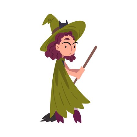 Girl Witch Standing with Broom Wearing Green Cloak and Hat, Cute Halloween Cartoon Character Vector Illustrationのイラスト素材