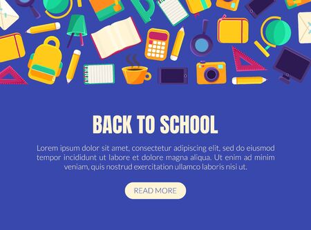 Back to School Landing Page Template with Educational Supplies Collection, Homepage with Different School Objects and Space for Text Vector Illustrationのイラスト素材
