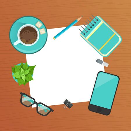 Top View of Modern Workplace, Wooden Desk with Smartphone, Notepad, Blank Sheet of Paper and Coffee Cup Flat Vector Illustrationのイラスト素材