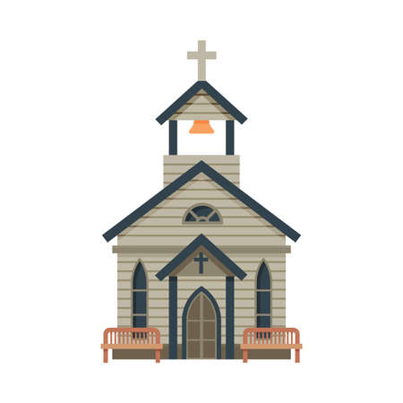 Church Architectural Construction, Wild West Wooden Building, Western Town Design Element Vector Illustrationのイラスト素材