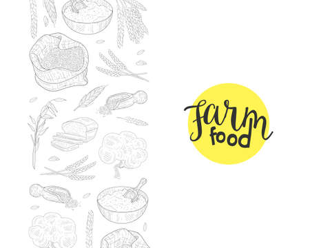 Farm Food Banner Template, Agricultural Plants and Baked Products Pattern, Bakeshop, Cafe, Packaging, Menu Design Hand Drawn Vector Illustrationのイラスト素材