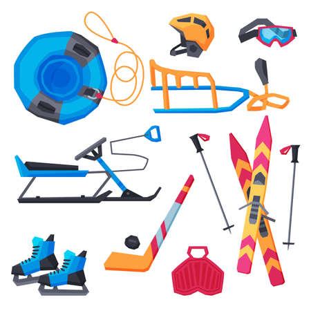 Winter Outdoor Sports and Leisure Equipment Collection, Inflatable Snow Tubing, Sled with Steering Wheel, Skis and Sticks, Hockey Stick, Puck and Ice Skates, Helmet, Vector Illustrationのイラスト素材