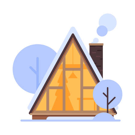 Cute Snowy House, Winter Cottage Building with Glowing Windows and Smoking Chimney Vector Illustrationのイラスト素材