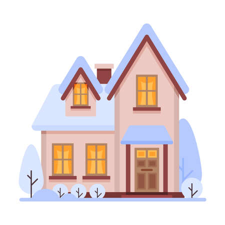 Cute Snowy Suburban House, Two Storey Cottage Building with Glowing Windows Vector Illustrationのイラスト素材