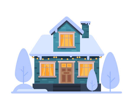 Cute Snowy Suburban House, Blue Rural Winter Cottage Vector Illustrationのイラスト素材