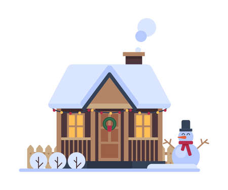 Snowy Suburban House, Rural Winter Cottage, Timbered Cabin with Smoking Chimney Vector Illustrationのイラスト素材