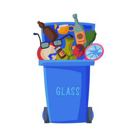 Waste Sorting, Blue Trash Can with Glass Sorted Garbage, Segregation and Separation Rubbish Disposal Refuse Bin Vector Illustration Isolated on White Background.のイラスト素材