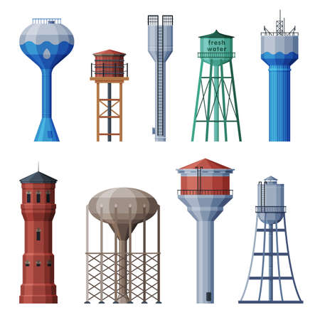 Water Towers Collection, Liquid Storage Tanks, Countryside Life Objects Flat Vector Illustration Isolated on White Background.のイラスト素材