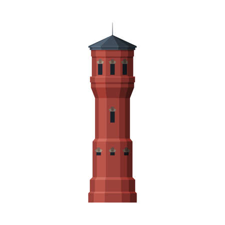 Red Water Tower, Old Industrial Construction, Countryside Life Object Flat Vector Illustration on White Backgroundのイラスト素材