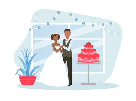 Just Married Couple Posing with Holiday Cake, Happy Romantic Newleads at Wedding Day Flat Vector Illustrationのイラスト素材